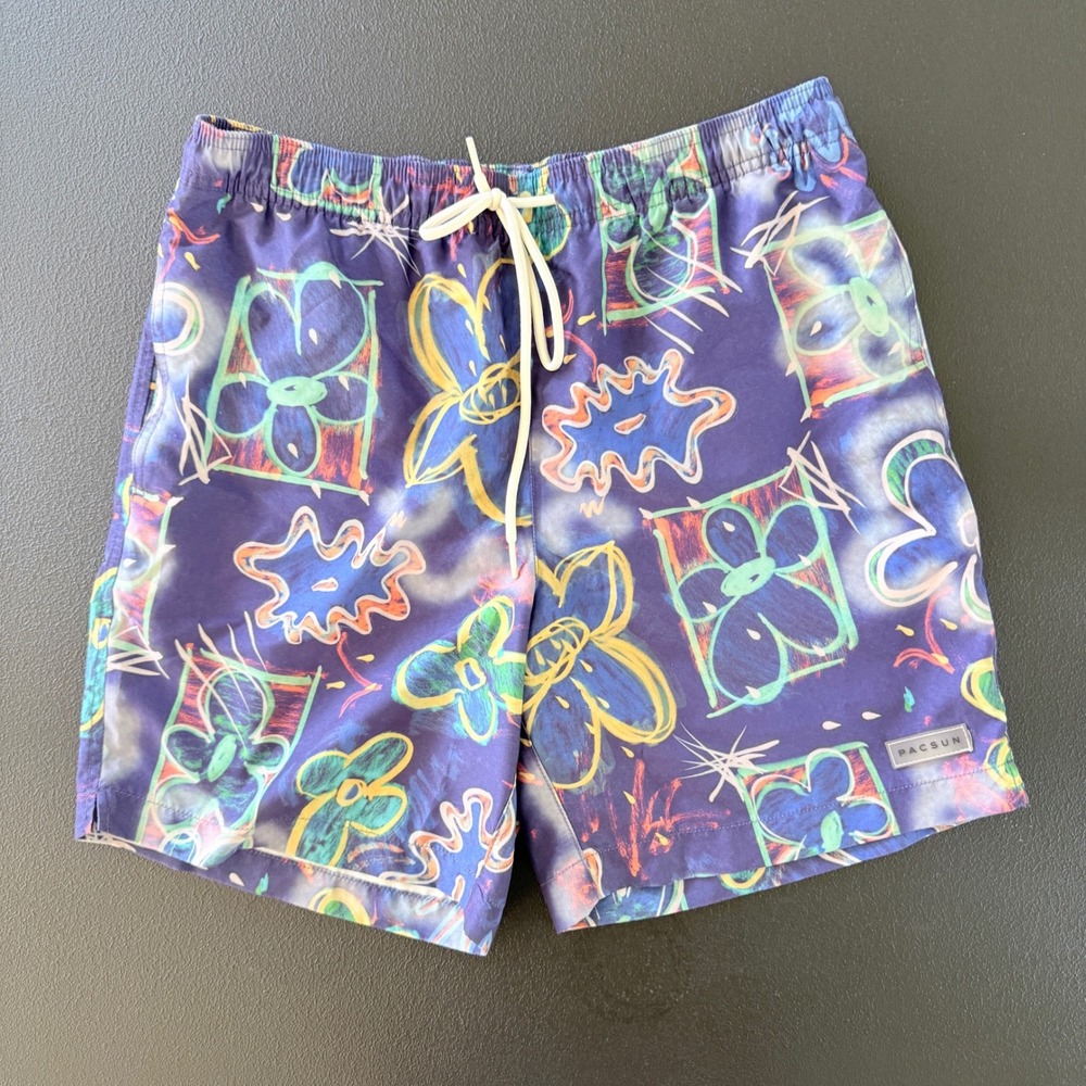 PacSun Swim Trunks Men Small Purple Multi Color Abstract Floral Doodle Shorts